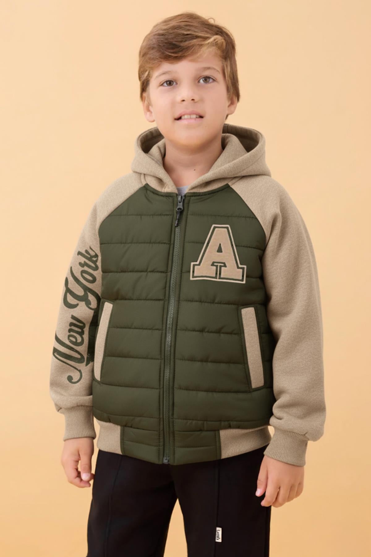 Erkek Çocuk İçi Peluşlu Kapitone Kapüşonlu Kolej Ceket – Haki