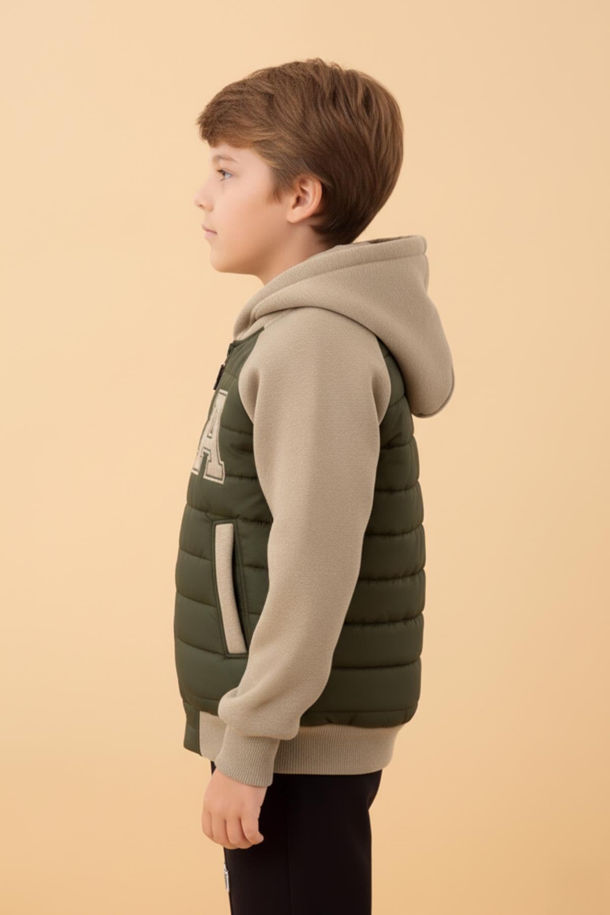 Erkek Çocuk İçi Peluşlu Kapitone Kapüşonlu Kolej Ceket – Haki