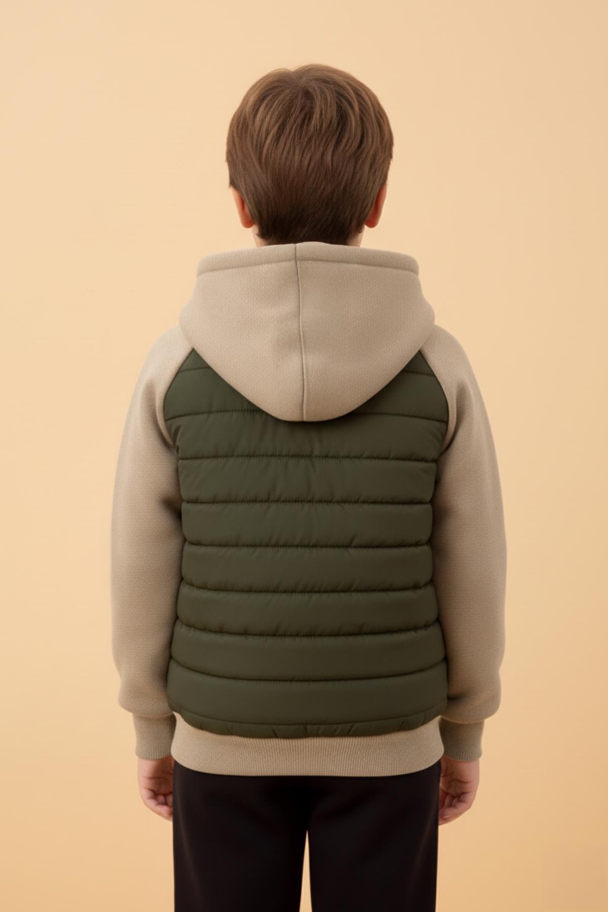 Erkek Çocuk İçi Peluşlu Kapitone Kapüşonlu Kolej Ceket – Haki