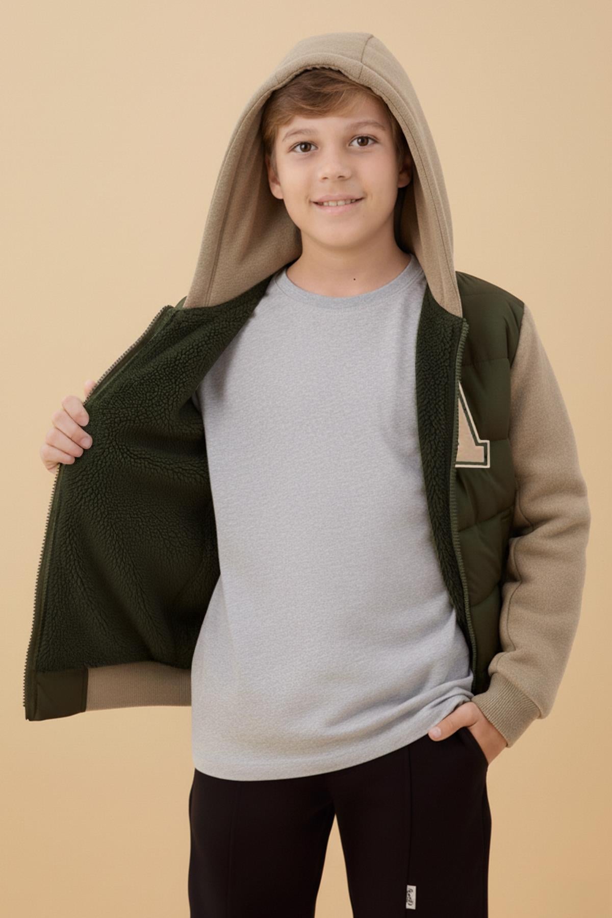 Erkek Çocuk İçi Peluşlu Kapitone Kapüşonlu Kolej Ceket – Haki