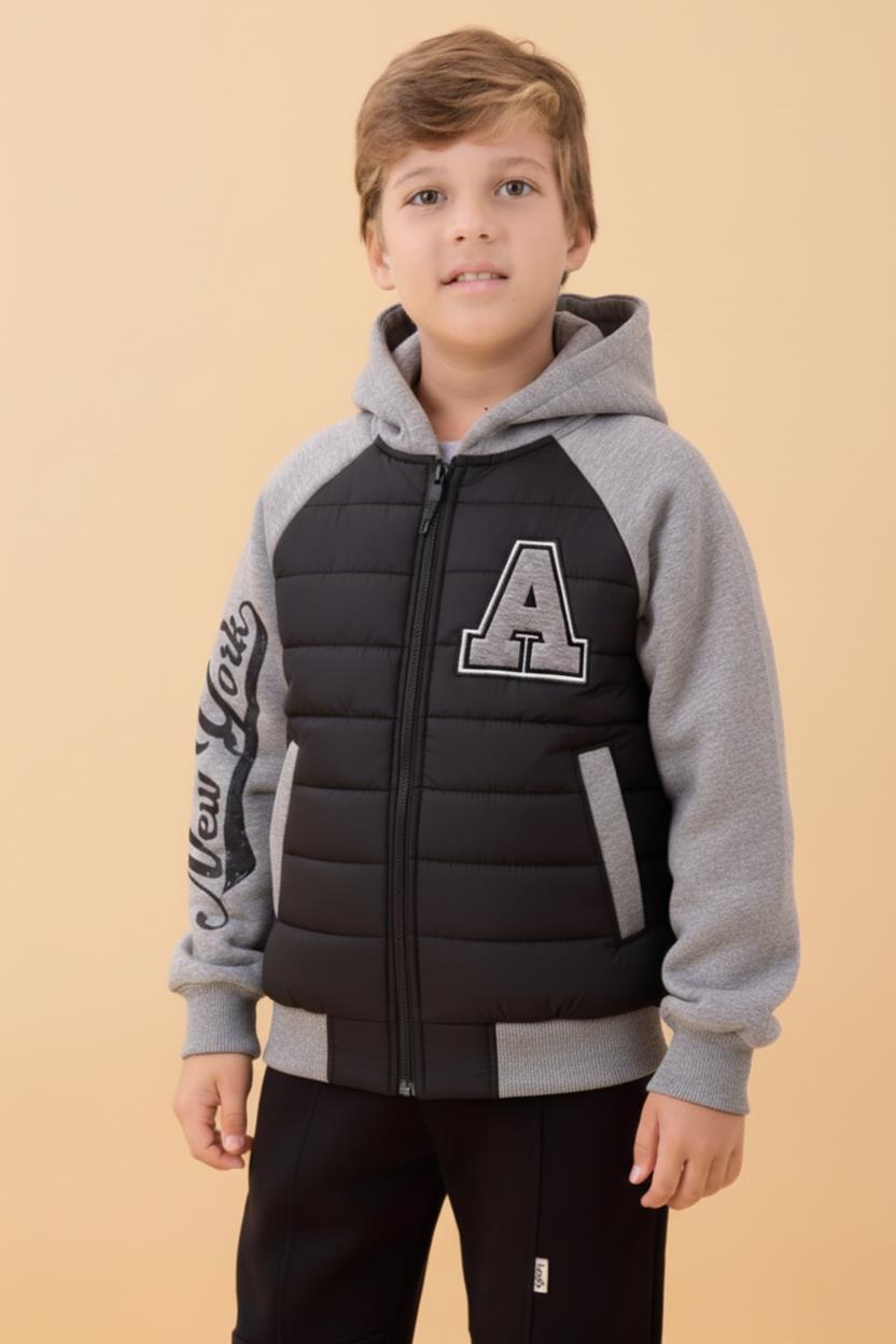 Erkek Çocuk İçi Peluşlu Kapitone Kapüşonlu Kolej Ceket – Siyah