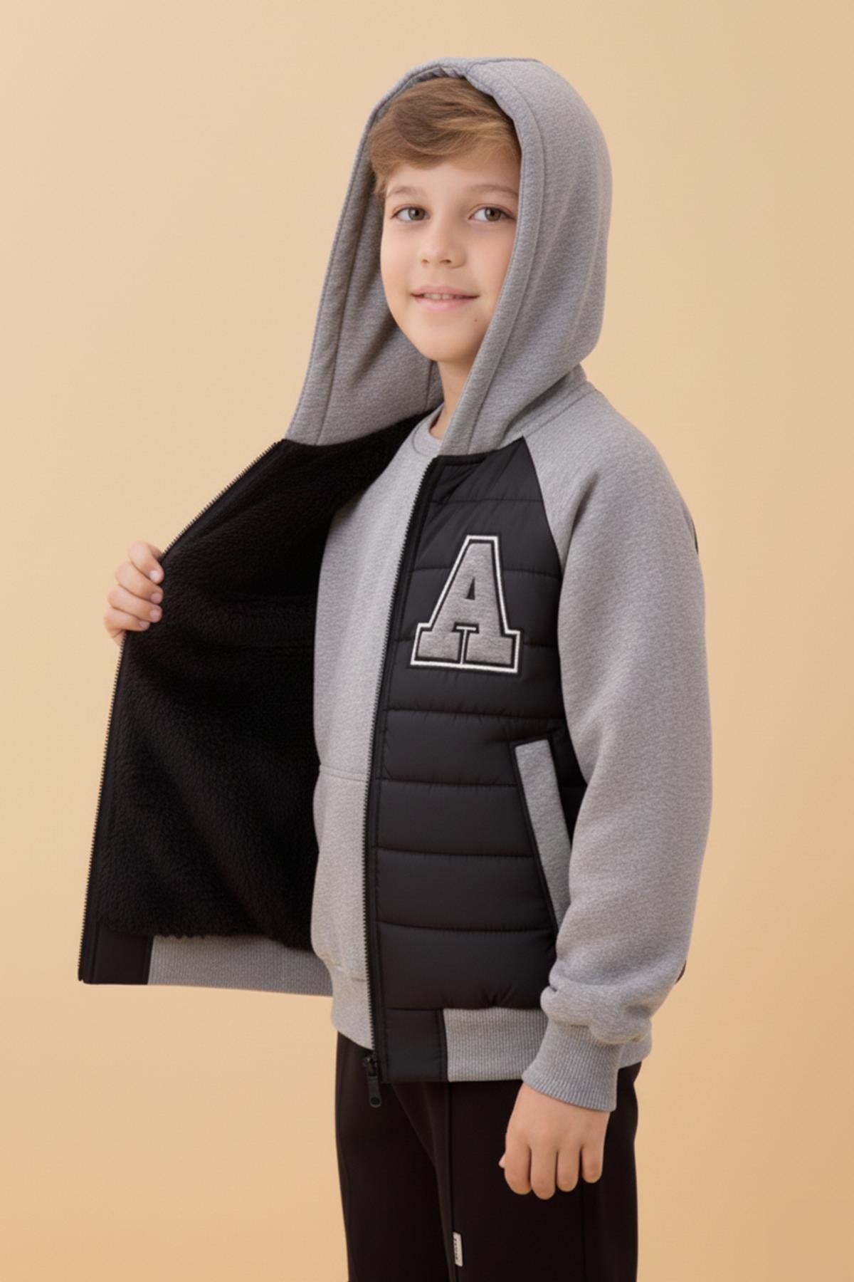 Erkek Çocuk İçi Peluşlu Kapitone Kapüşonlu Kolej Ceket – Siyah