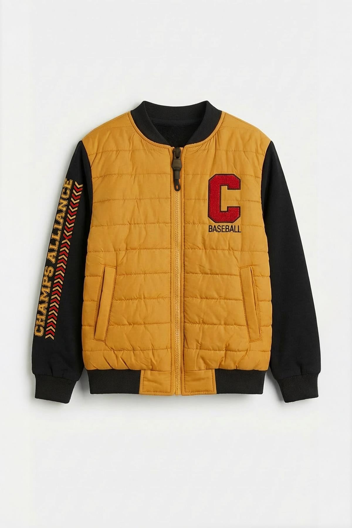 Erkek Çocuk İçi Peluşlu Nakış Detaylı Kapitone Kolej Ceket – Hardal