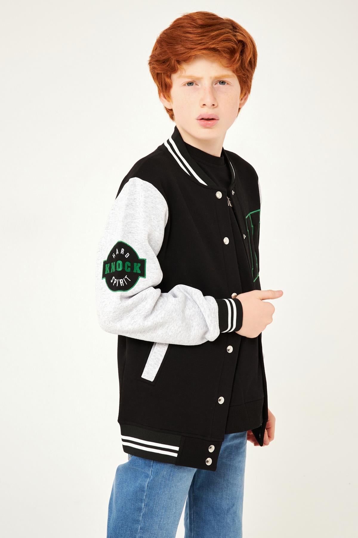 K Nakış Detaylı Erkek Çocuk Kolej Ceket Siyah - Perendi
