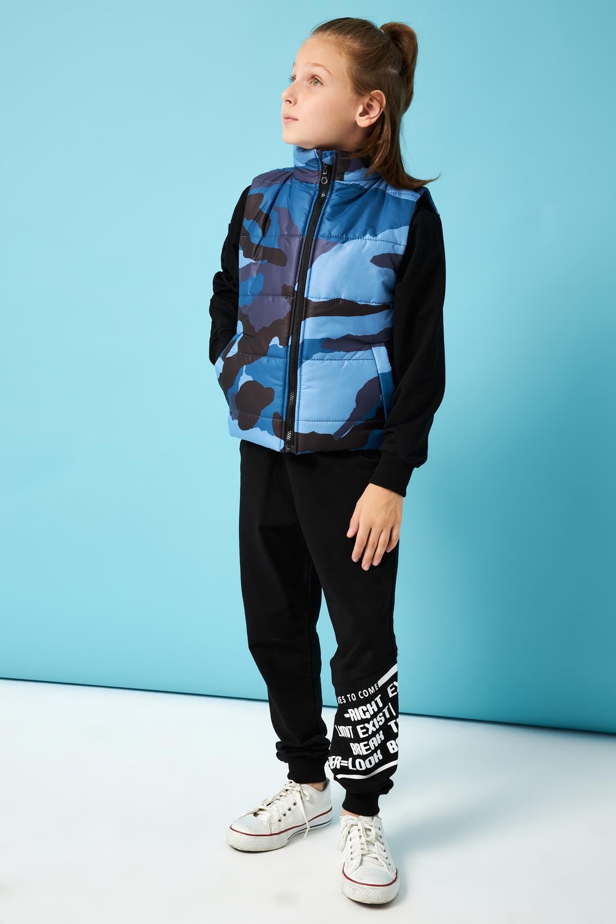 Kamuflaj Desenli Erkek Çocuk Yelek İndigo - Perendi