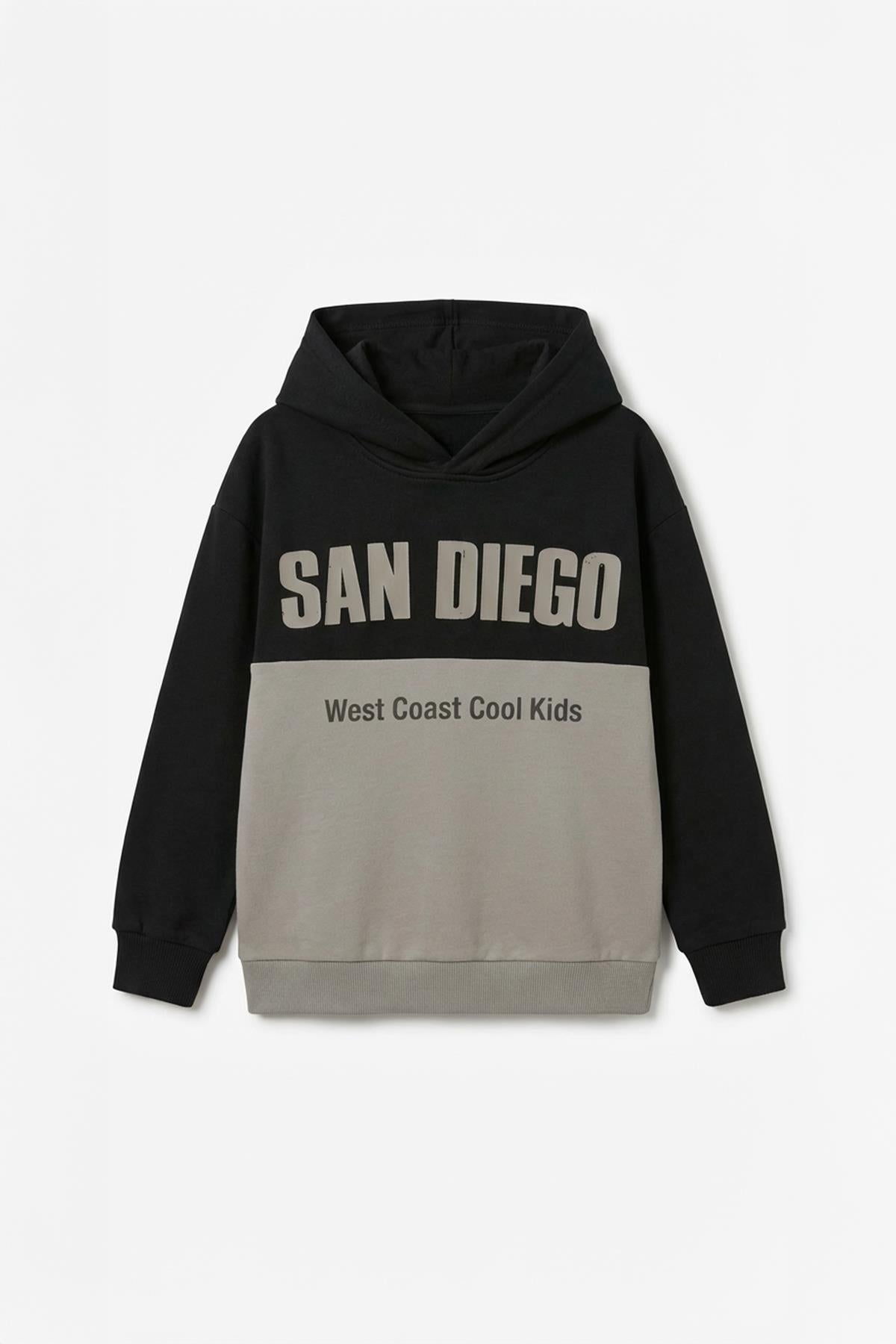 Erkek Çocuk Kapüşonlu Baskı Detaylı Parçalı Sweatshirt