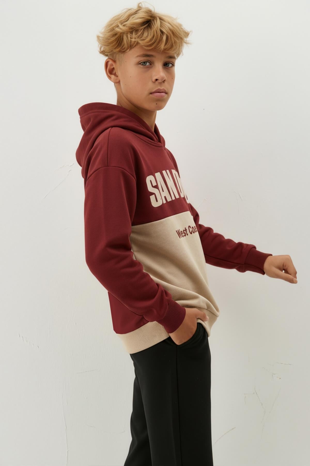 Erkek Çocuk Kapüşonlu Baskı Detaylı Parçalı Sweatshirt - Bordo/Bej