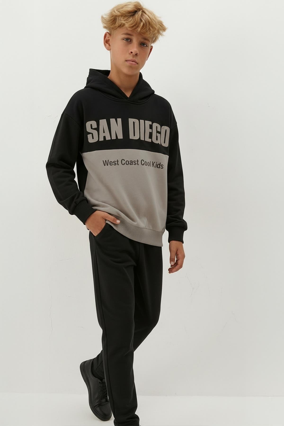 Erkek Çocuk Kapüşonlu Baskı Detaylı Parçalı Sweatshirt - Siyah/Gri