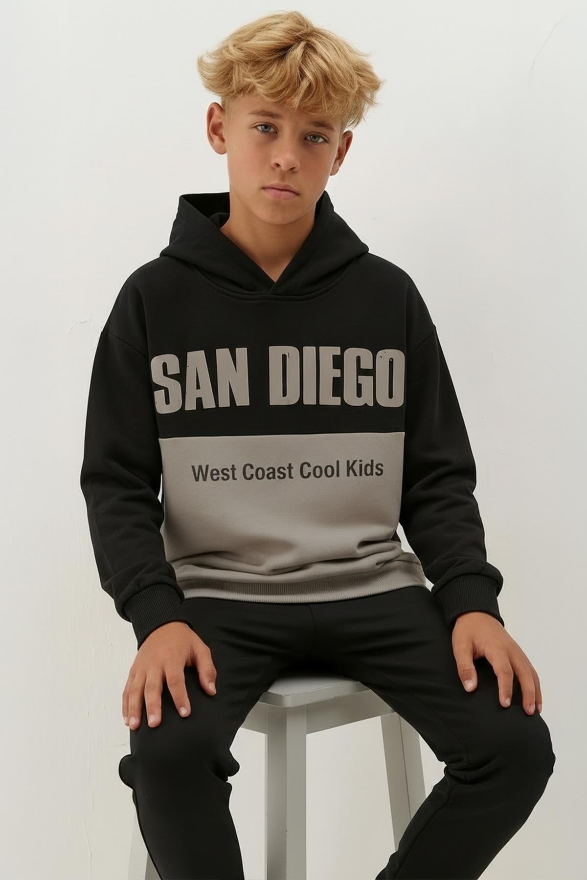 Erkek Çocuk Kapüşonlu Baskı Detaylı Parçalı Sweatshirt - Siyah/Gri