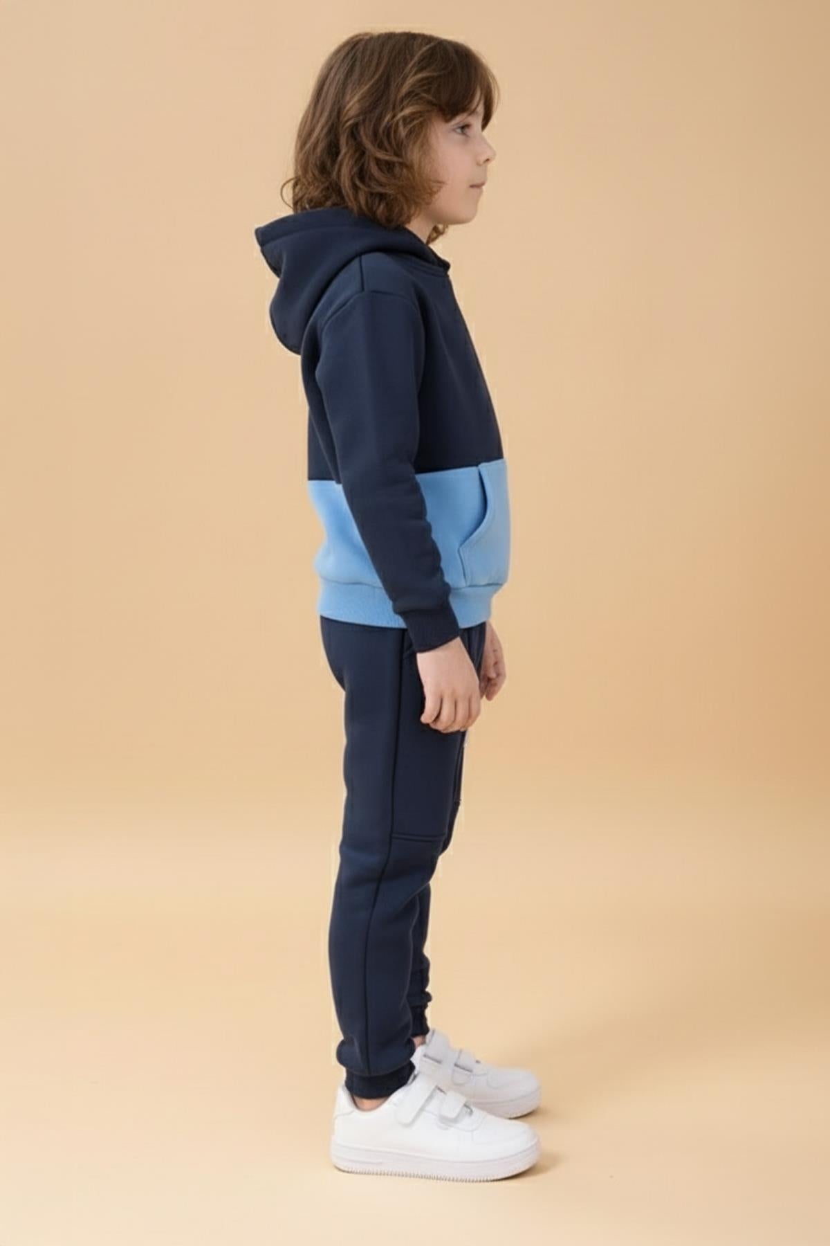 Erkek Çocuk Kapüşonlu Kanguru Cepli 2 Renk Sweatshirt ve Rahat Kalıp İçi Polarlı Jogger Alt Takım