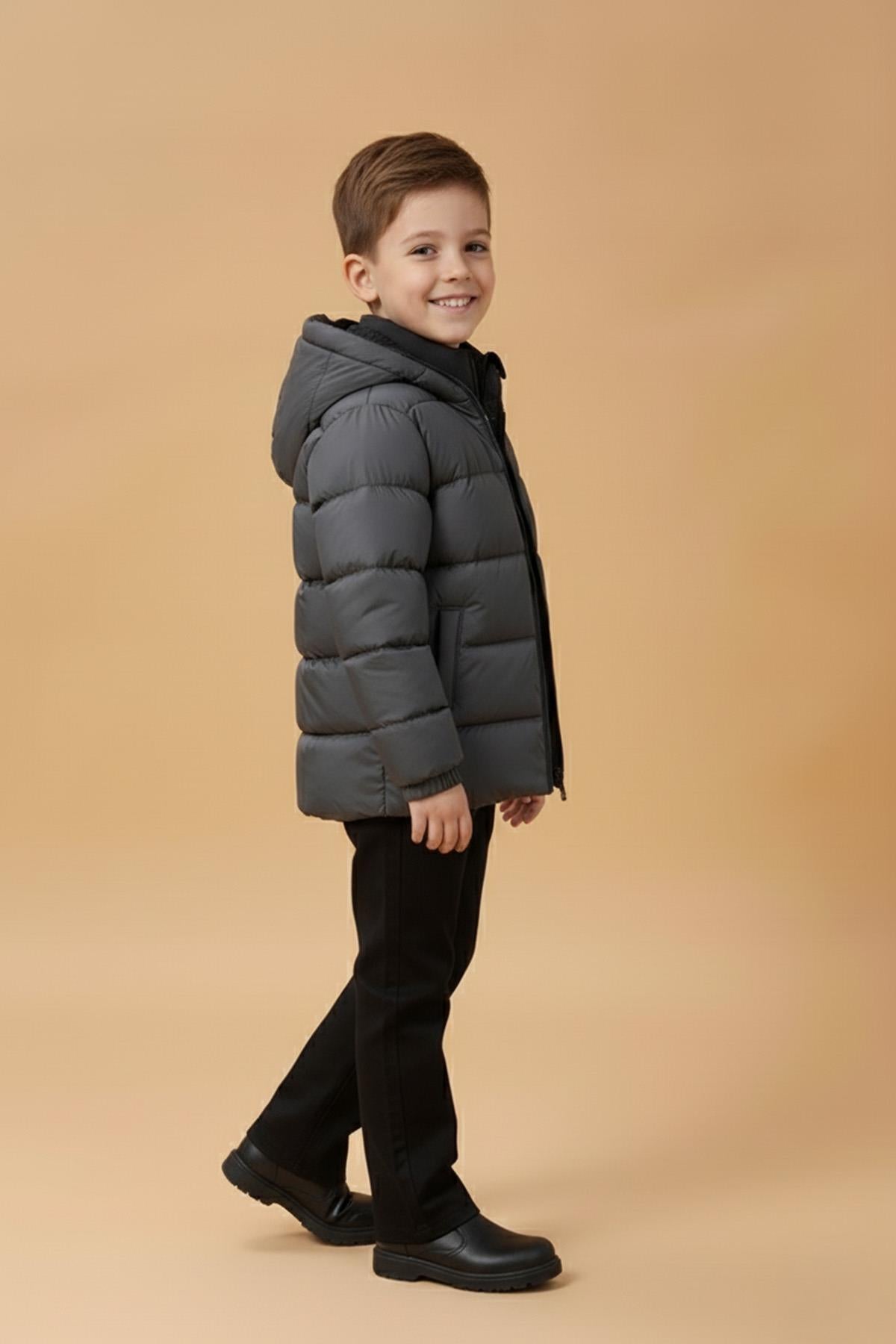 Erkek Çocuk Kapüşonlu Kürklü Şişme Mont