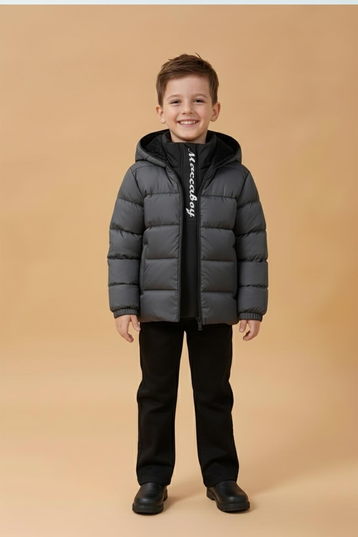 Erkek Çocuk Kapüşonlu Kürklü Şişme Mont – Antrasit