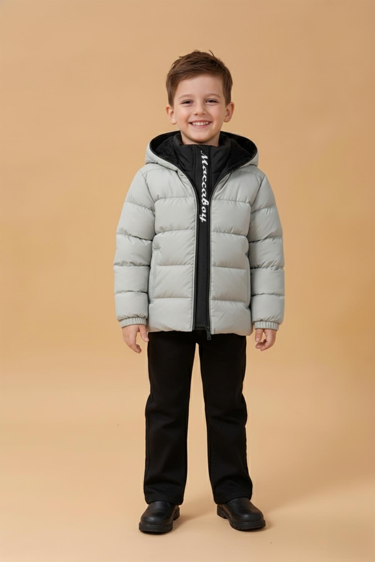 Erkek Çocuk Kapüşonlu Kürklü Şişme Mont – Gri