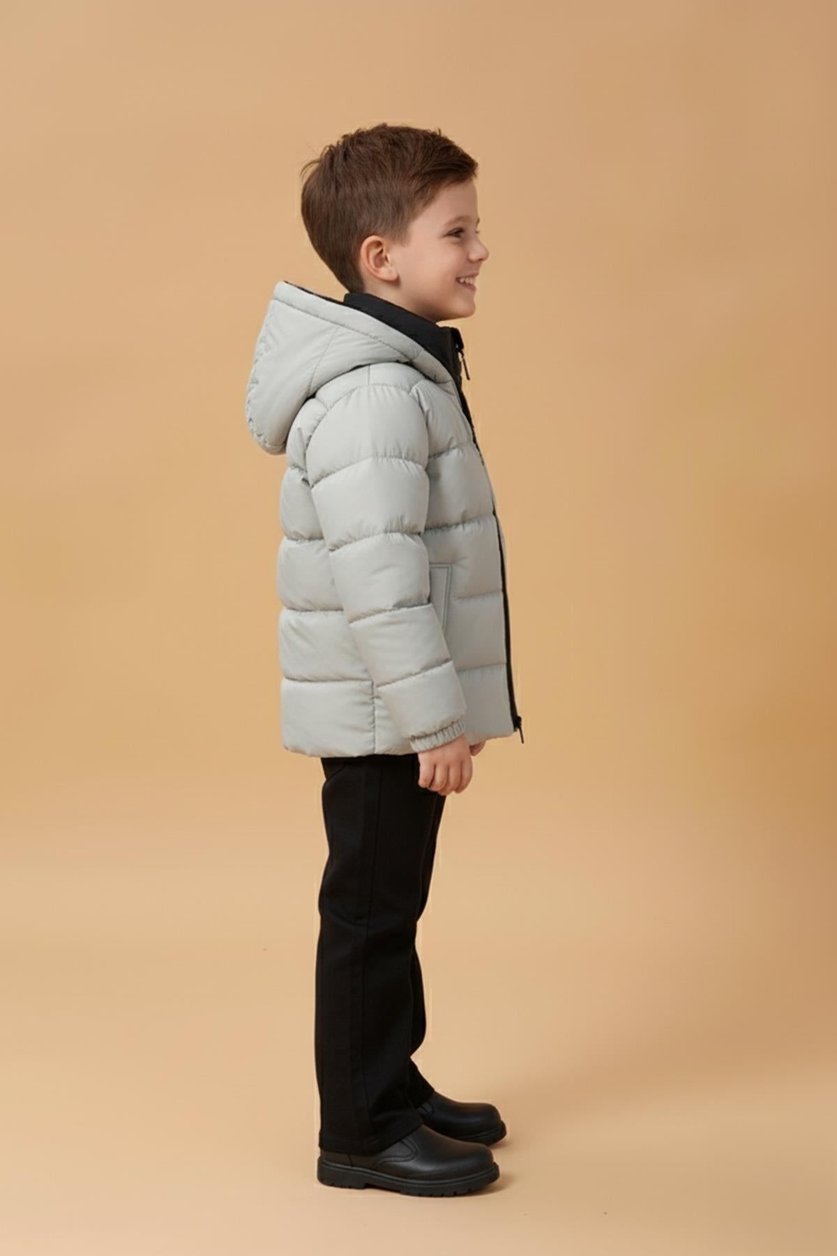 Erkek Çocuk Kapüşonlu Kürklü Şişme Mont – Gri