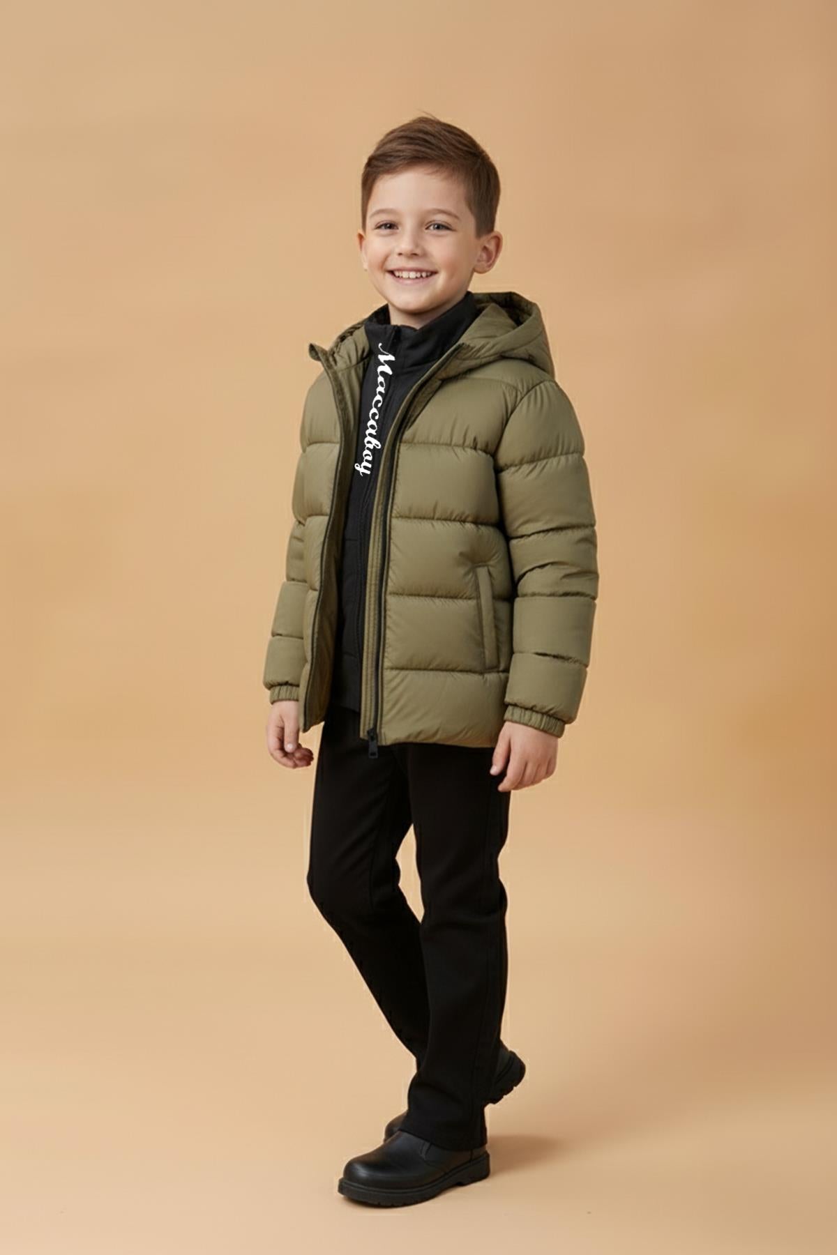 Erkek Çocuk Kapüşonlu Kürklü Şişme Mont – Haki