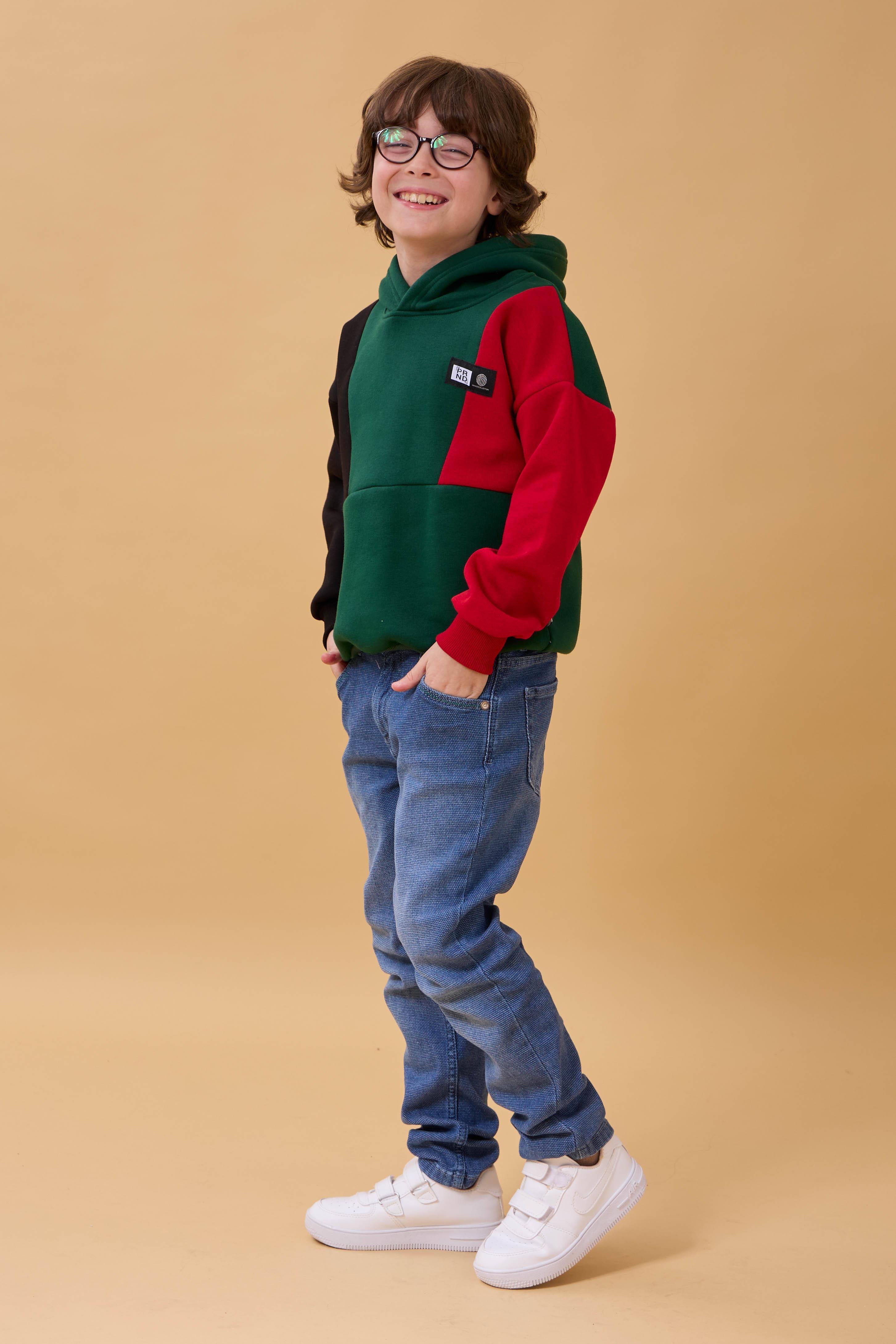 Erkek Çocuk Kapüşonlu Parçalı 3 İp Sweatshirt