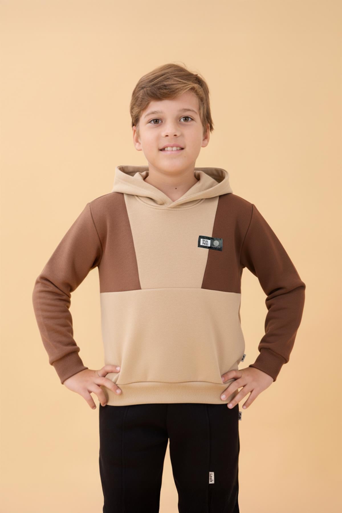 Erkek Çocuk Kapüşonlu Parçalı 3 İp Sweatshirt Taş