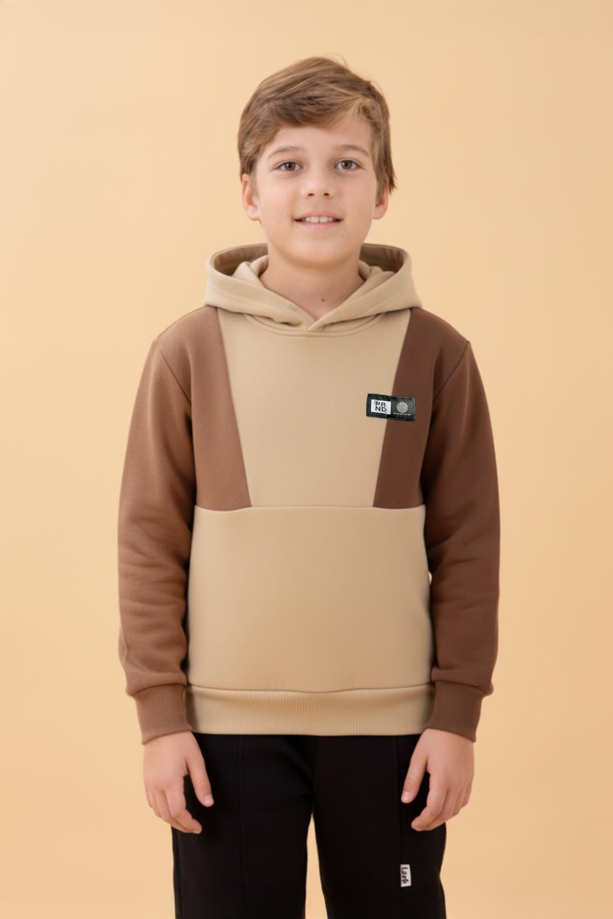 Erkek Çocuk Kapüşonlu Parçalı 3 İp Sweatshirt Taş