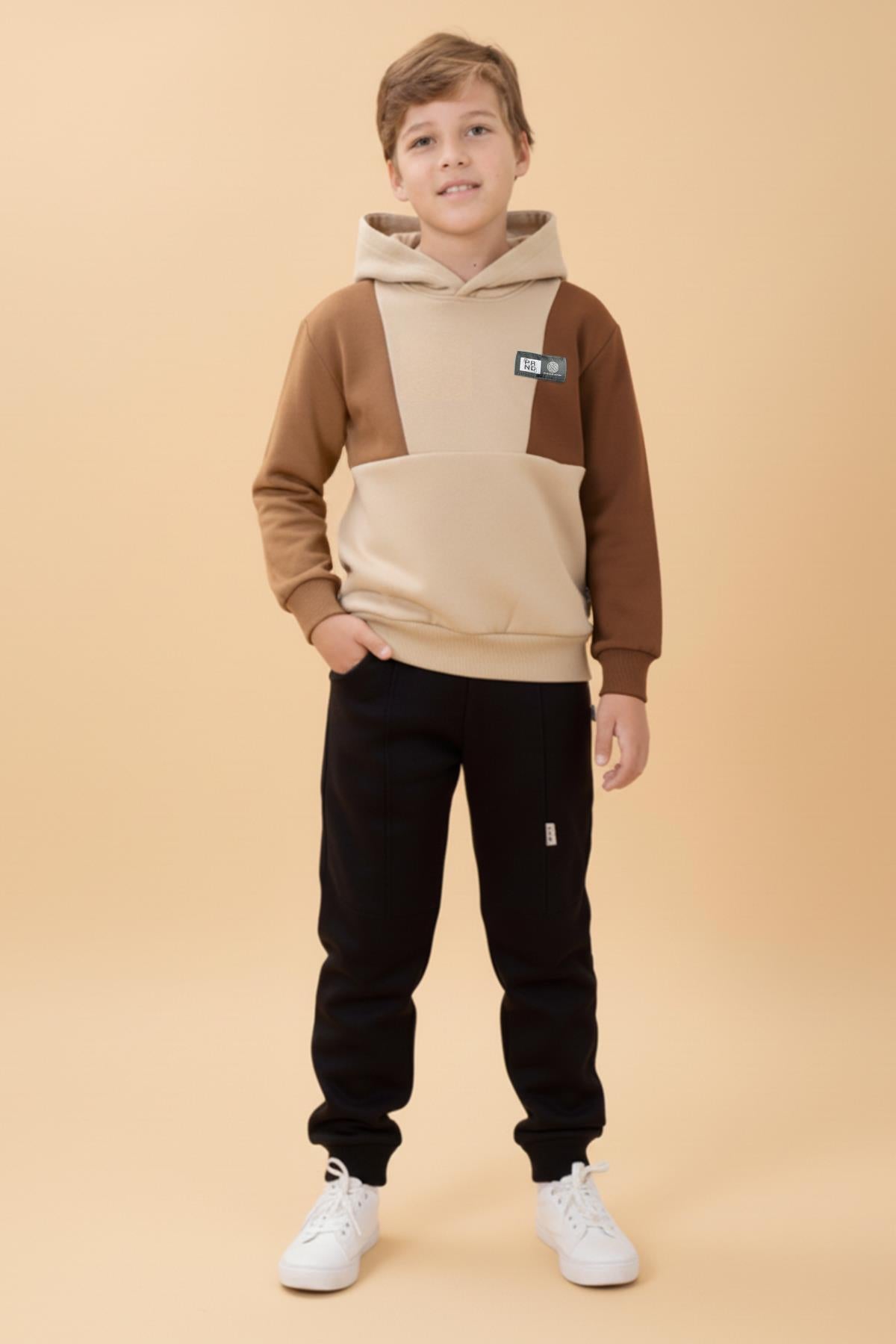 Erkek Çocuk Kapüşonlu Parçalı 3 İp Sweatshirt Taş