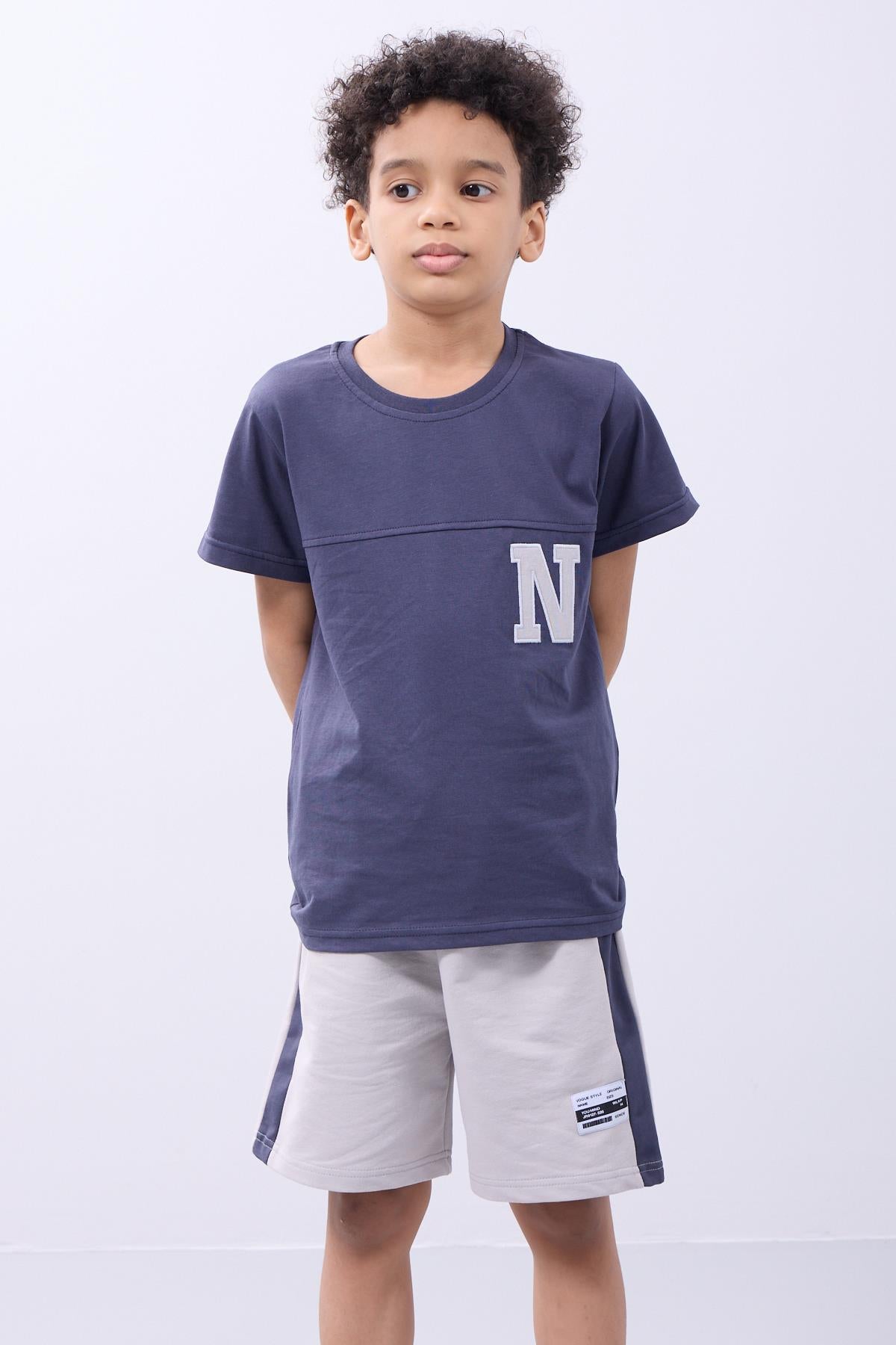 Erkek Çocuk Nakış Detaylı Kısa Kollu Şortlu Takım - Yazlık Spor Kombin Füme - Perendi