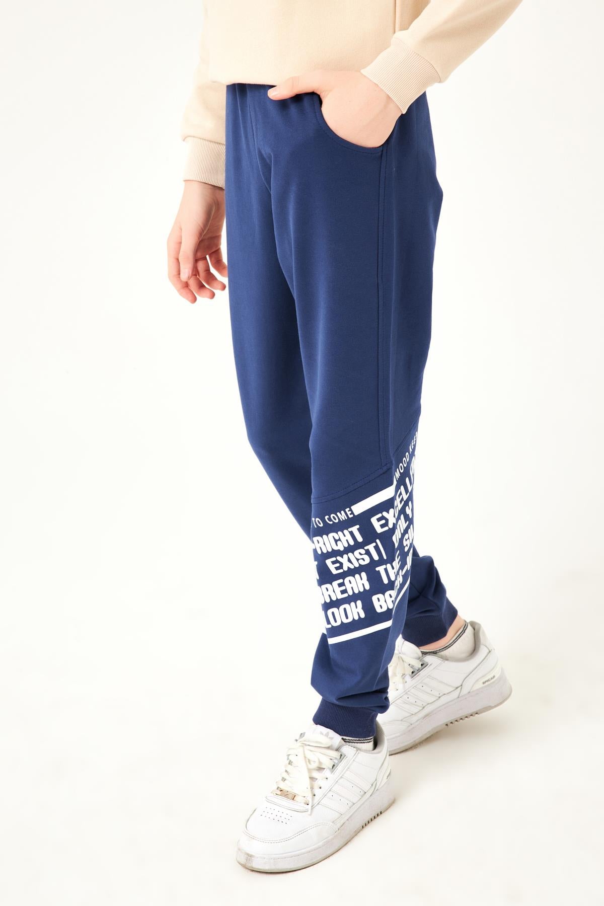 Never Look Baskı Detaylı Erkek Çocuk Eşofman Altı İndigo - Perendi