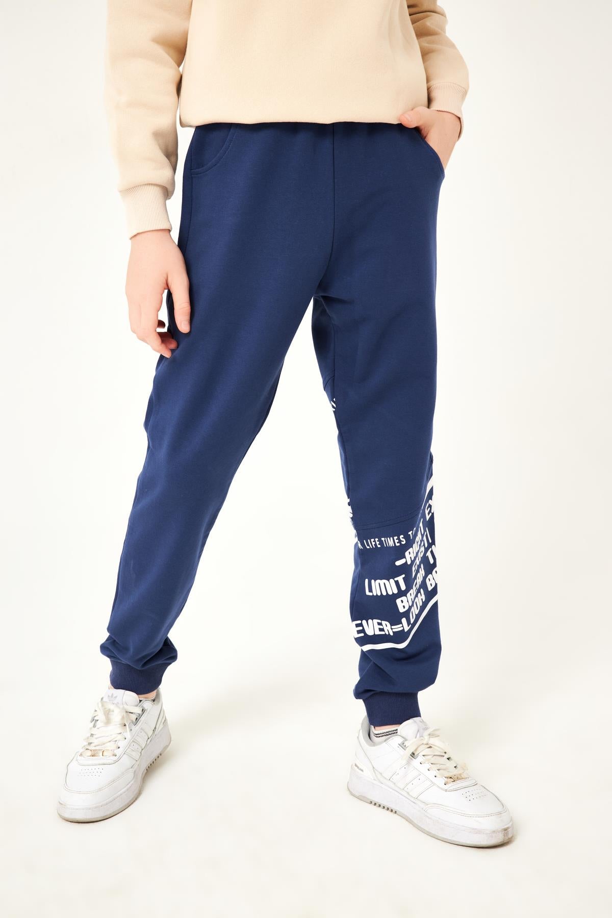 Never Look Baskı Detaylı Erkek Çocuk Eşofman Altı İndigo - Perendi