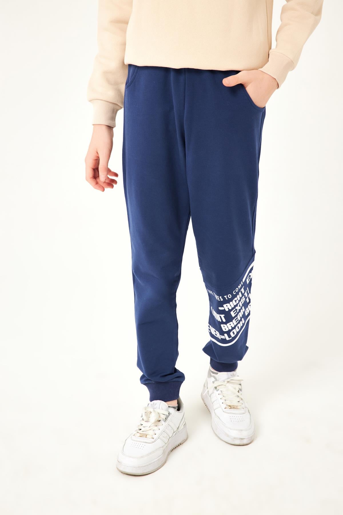 Never Look Baskı Detaylı Erkek Çocuk Eşofman Altı İndigo - Perendi