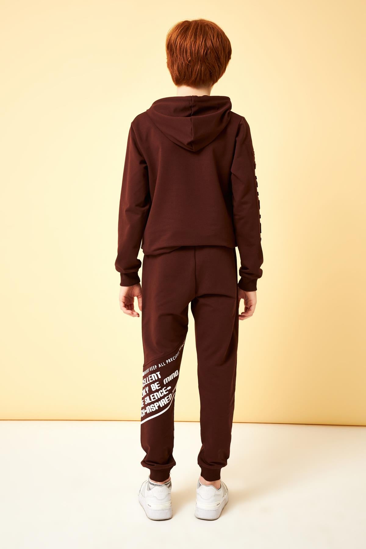 Never Look Baskı Detaylı Erkek Çocuk Eşofman Altı Kahverengi - Perendi