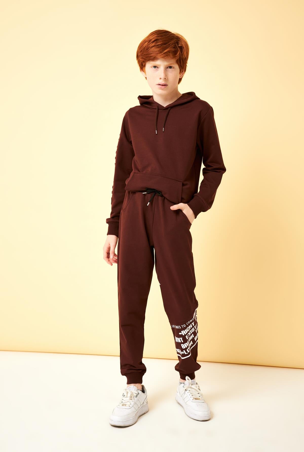 Never Look Baskı Detaylı Erkek Çocuk Eşofman Altı Kahverengi - Perendi