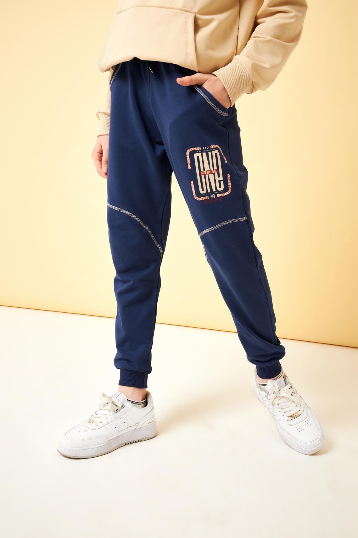 One Baskı Detaylı Erkek Çocuk Eşofman Altı İndigo - Perendi