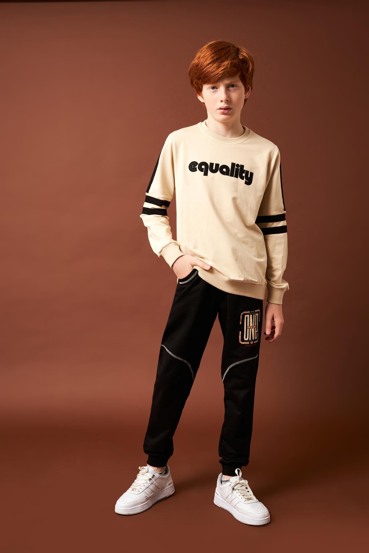 One Baskı Detaylı Erkek Çocuk Eşofman Altı Siyah - Perendi