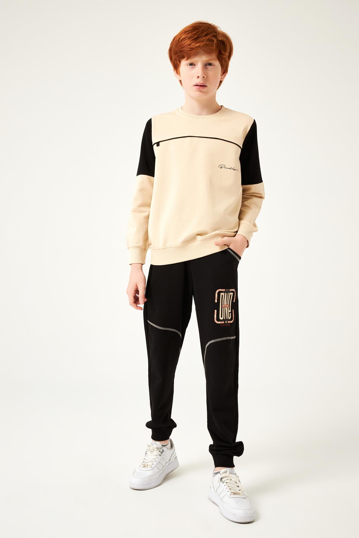 One Baskı Detaylı Erkek Çocuk Eşofman Altı Siyah - Perendi