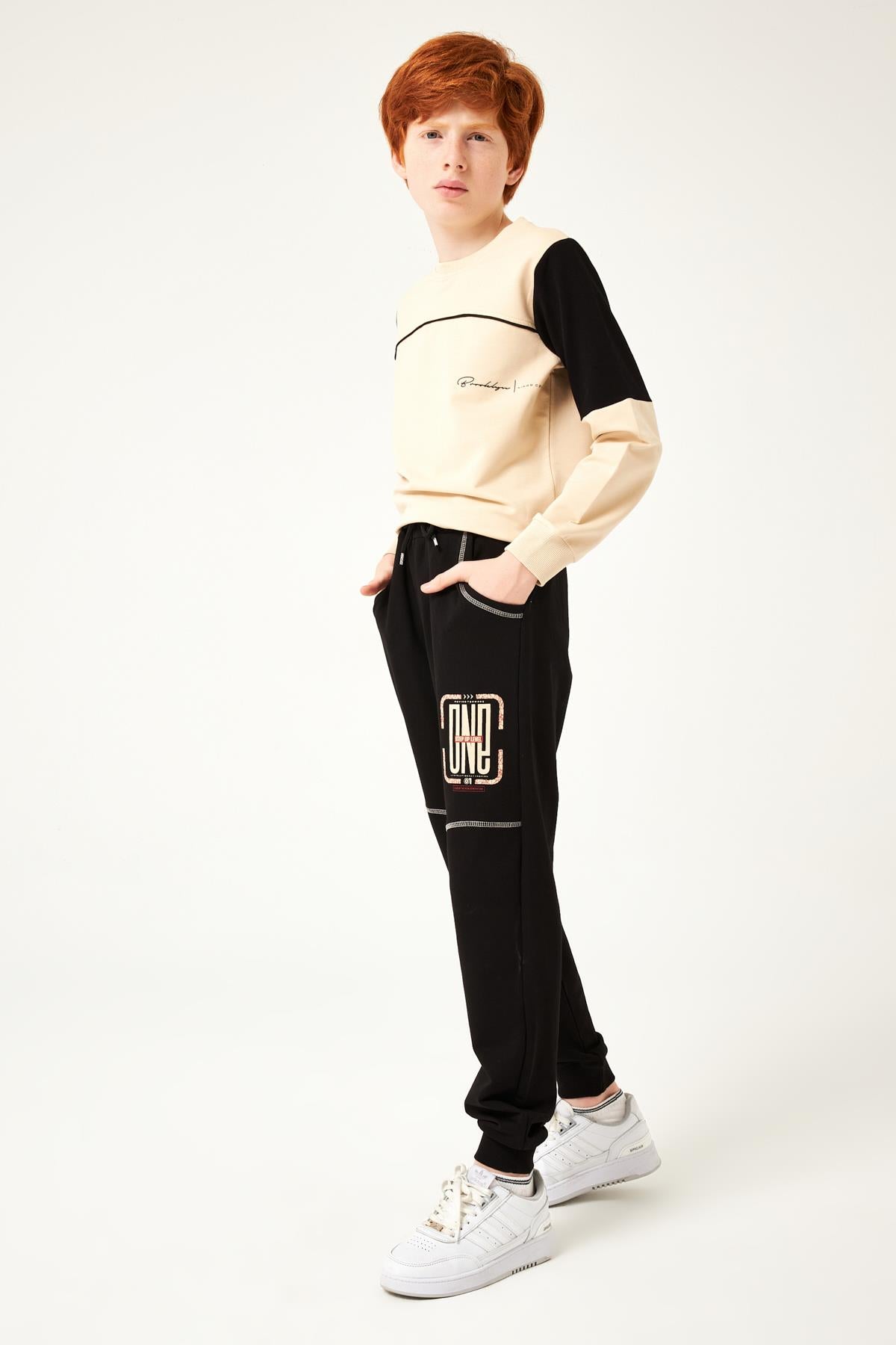 One Baskı Detaylı Erkek Çocuk Eşofman Altı Siyah - Perendi