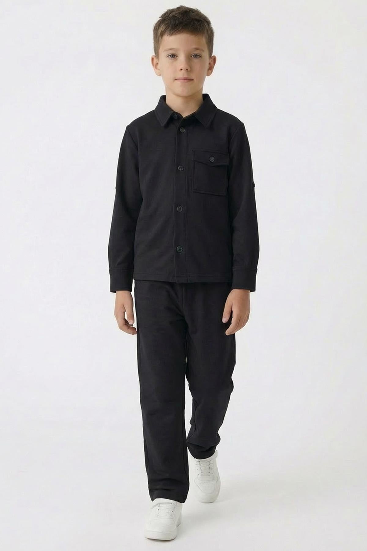 Erkek Çocuk Örme Gömlek Yaka Boru Paça Alt Takım