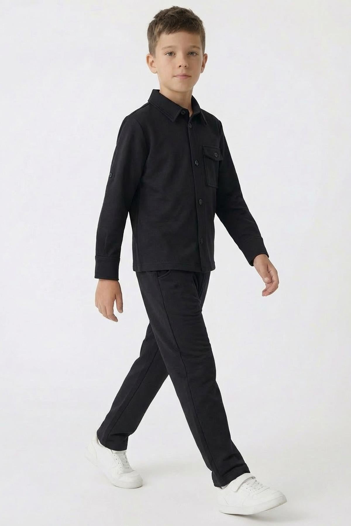 Erkek Çocuk Örme Gömlek Yaka Boru Paça Alt Takım
