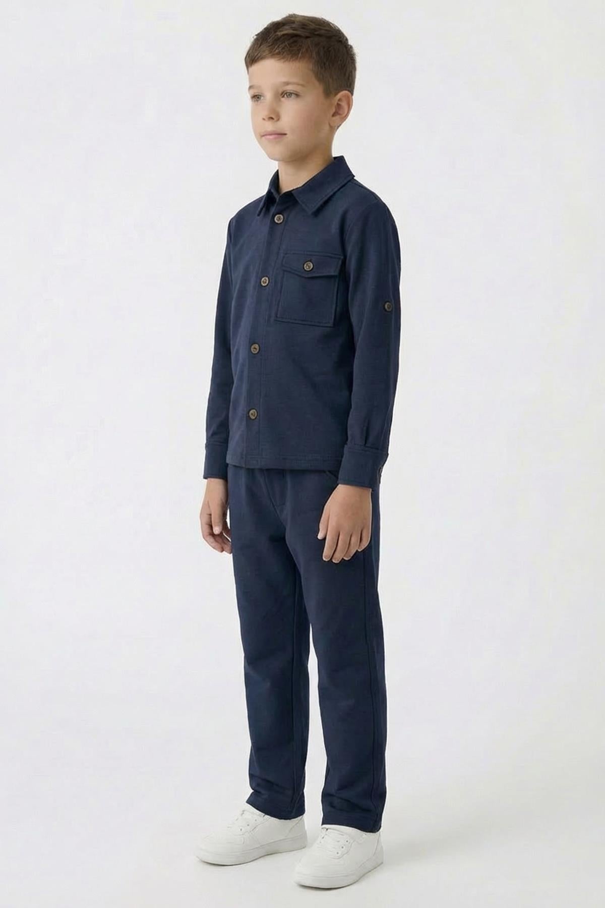 Erkek Çocuk Örme Gömlek Yaka Boru Paça Alt Takım