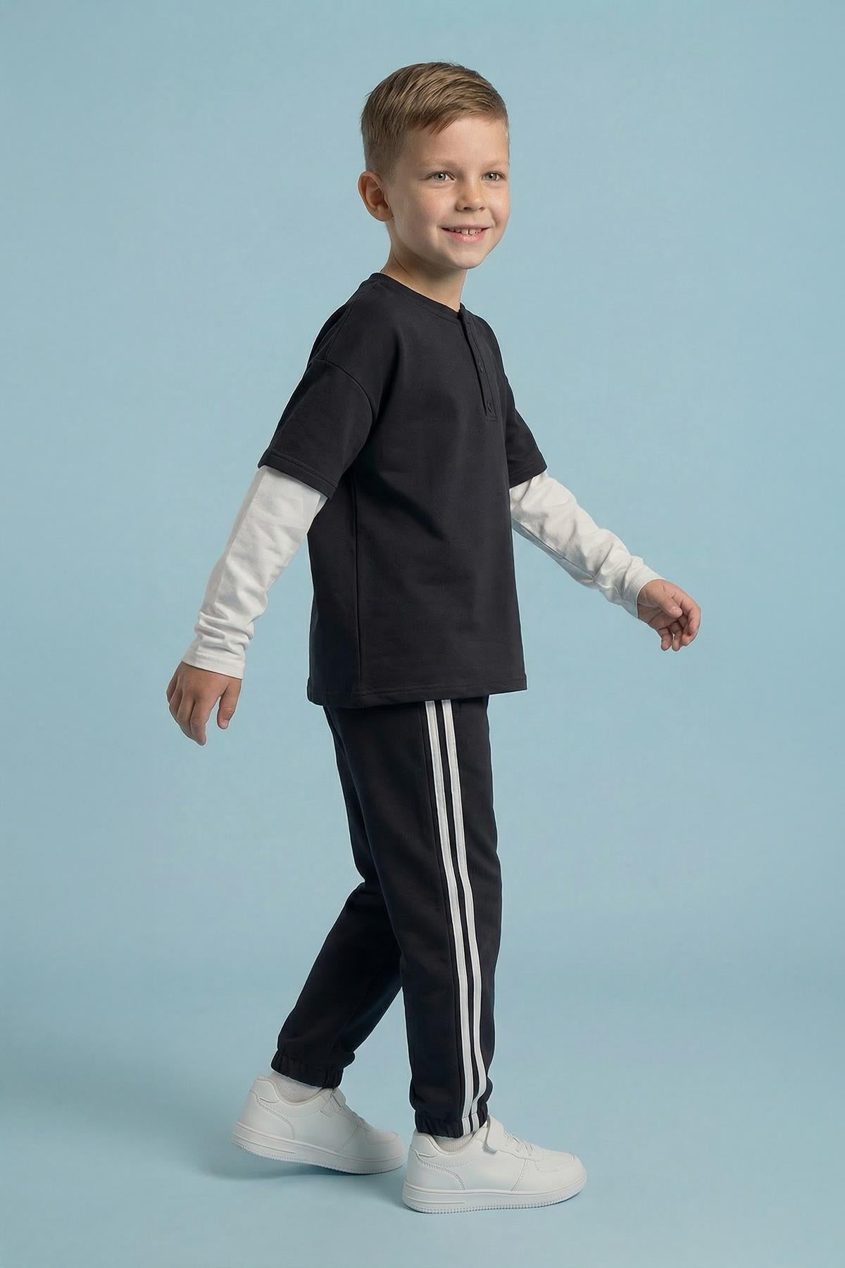 Erkek Çocuk Pamuk Penye Şerit Biyeli Eşofman Takımı