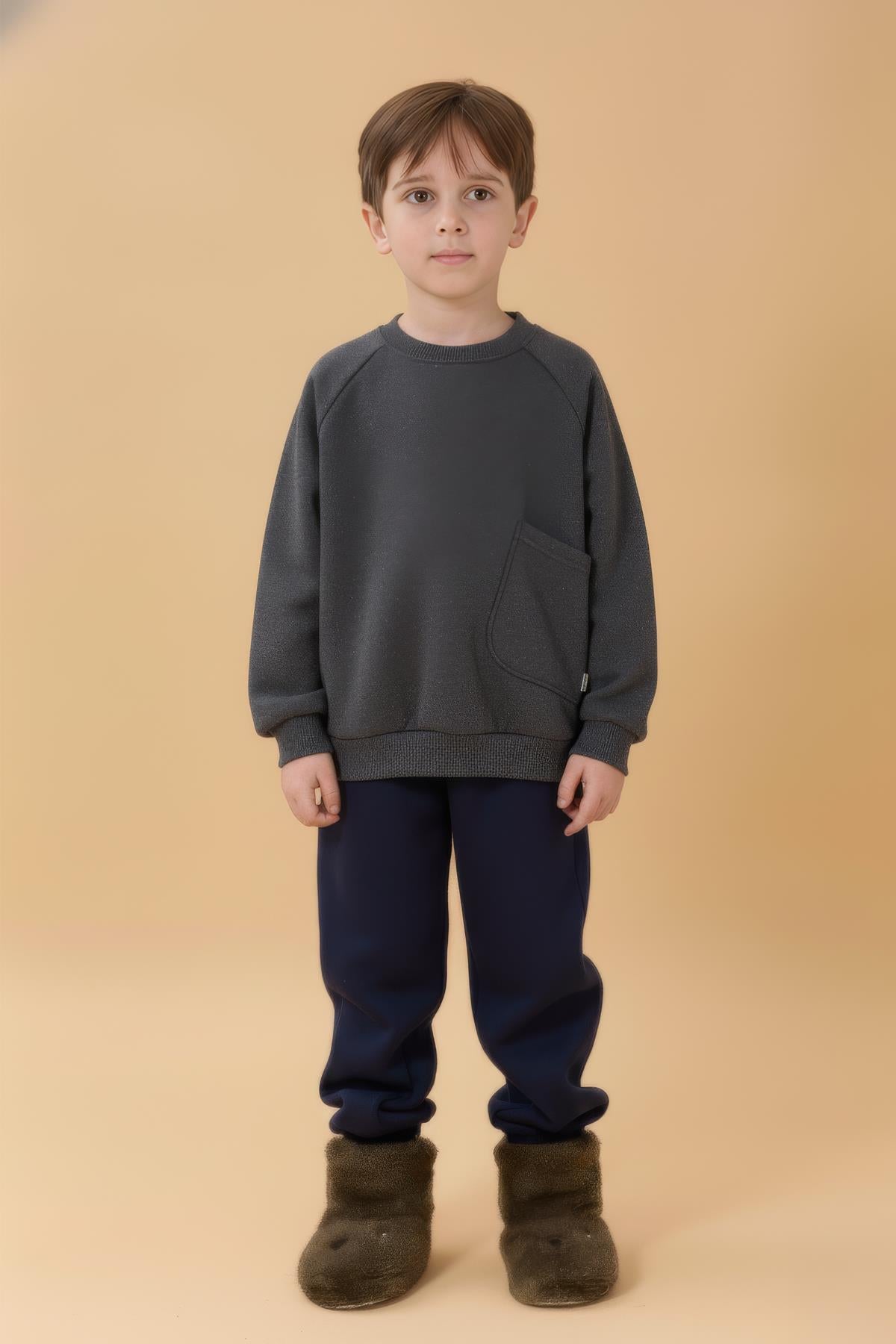 Erkek Çocuk Rahat Kalıp Cep Detaylı 2’li içi polarlı Sweatshirt