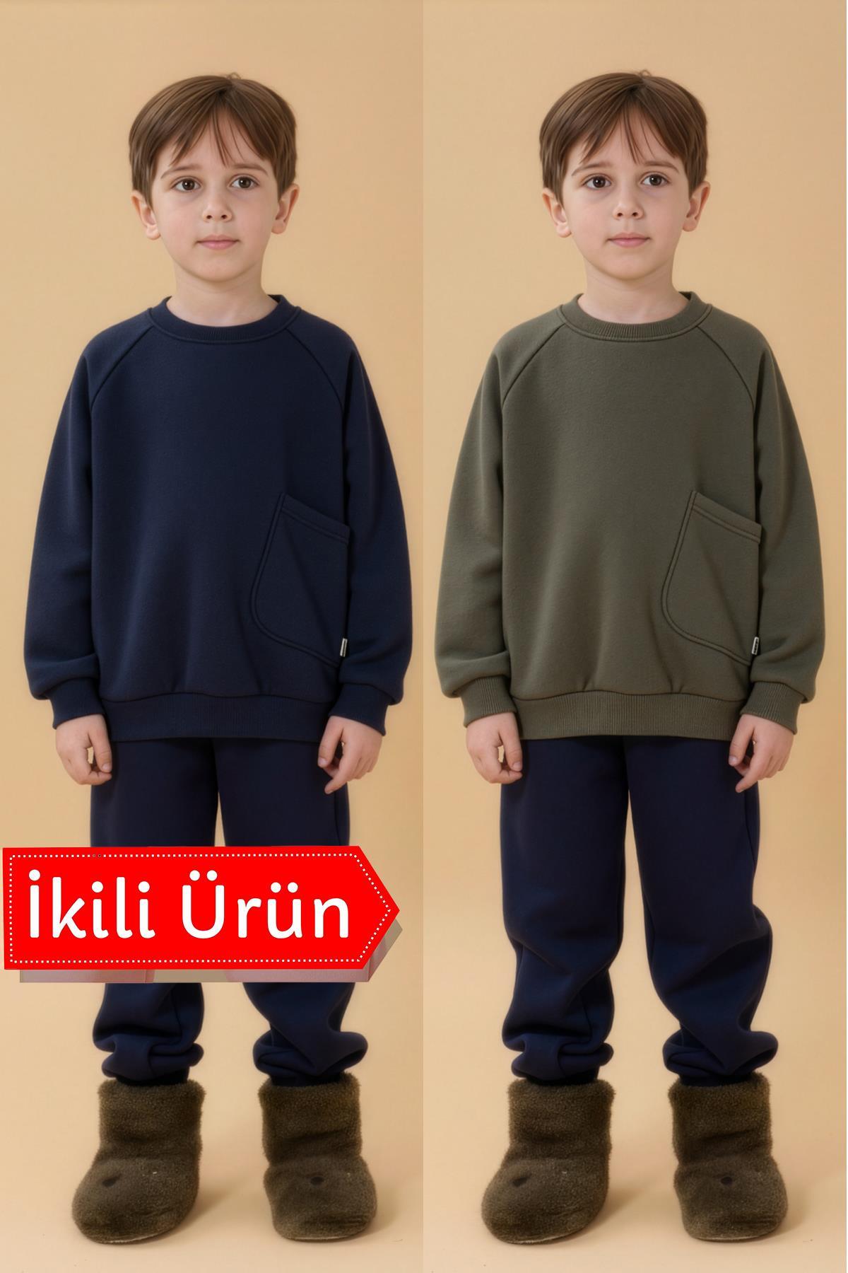 Erkek Çocuk Rahat Kalıp Cep Detaylı 2’li içi polarlı Sweatshirt