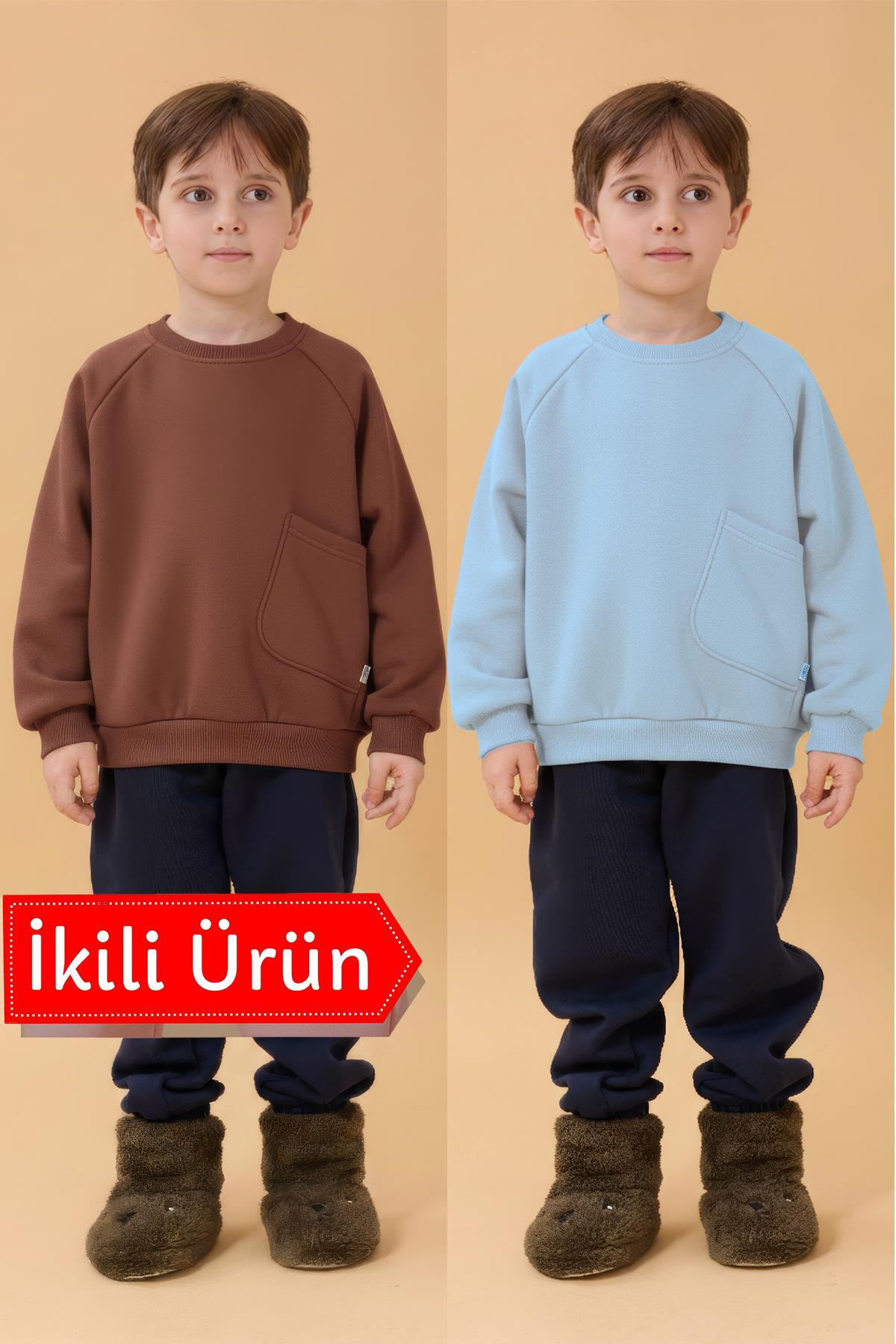 Erkek Çocuk Rahat Kalıp Cep Detaylı 2’li içi polarlı Sweatshirt