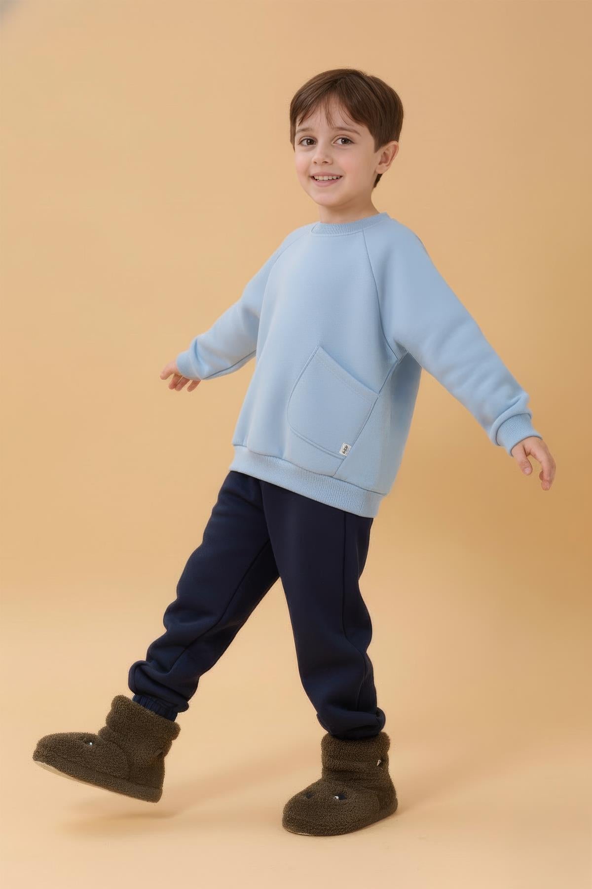 Erkek Çocuk Rahat Kalıp Cep Detaylı 2’li içi polarlı Sweatshirt