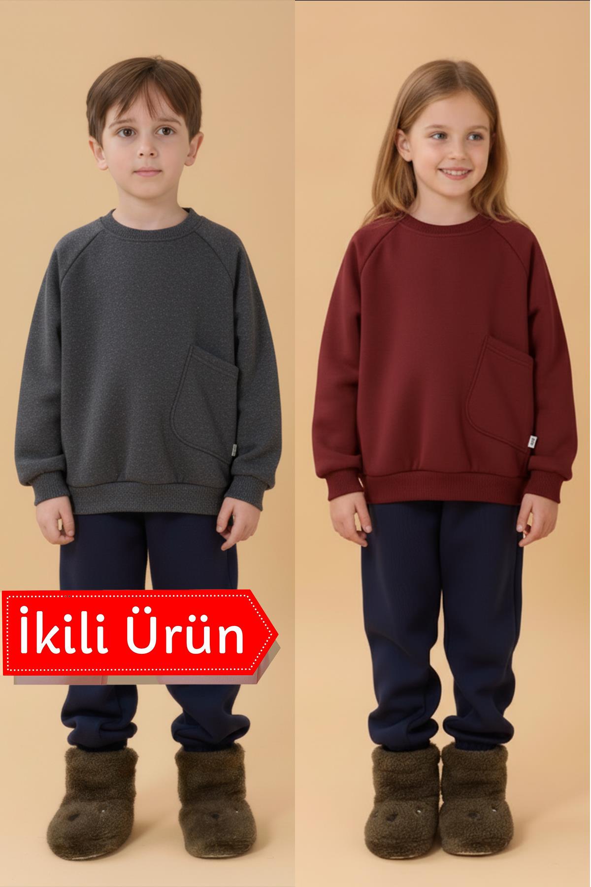 Erkek Çocuk Rahat Kalıp Cep Detaylı 2’li içi polarlı Sweatshirt – Bordo & Antrasit