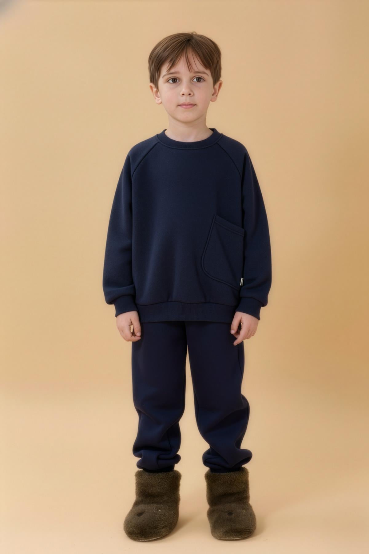 Erkek Çocuk Rahat Kalıp Cep Detaylı 2’li içi polarlı Sweatshirt – Haki & Lacivert