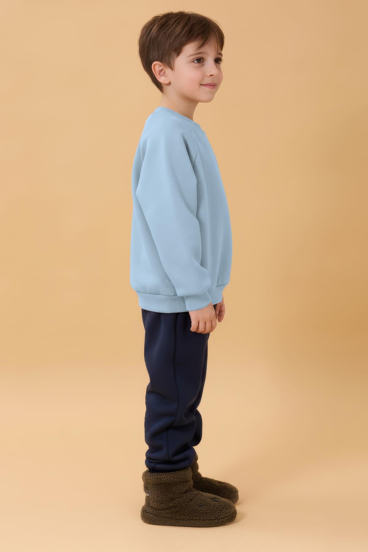 Erkek Çocuk Rahat Kalıp Cep Detaylı 2’li içi polarlı Sweatshirt – Kahverengi & Bebe Mavisi