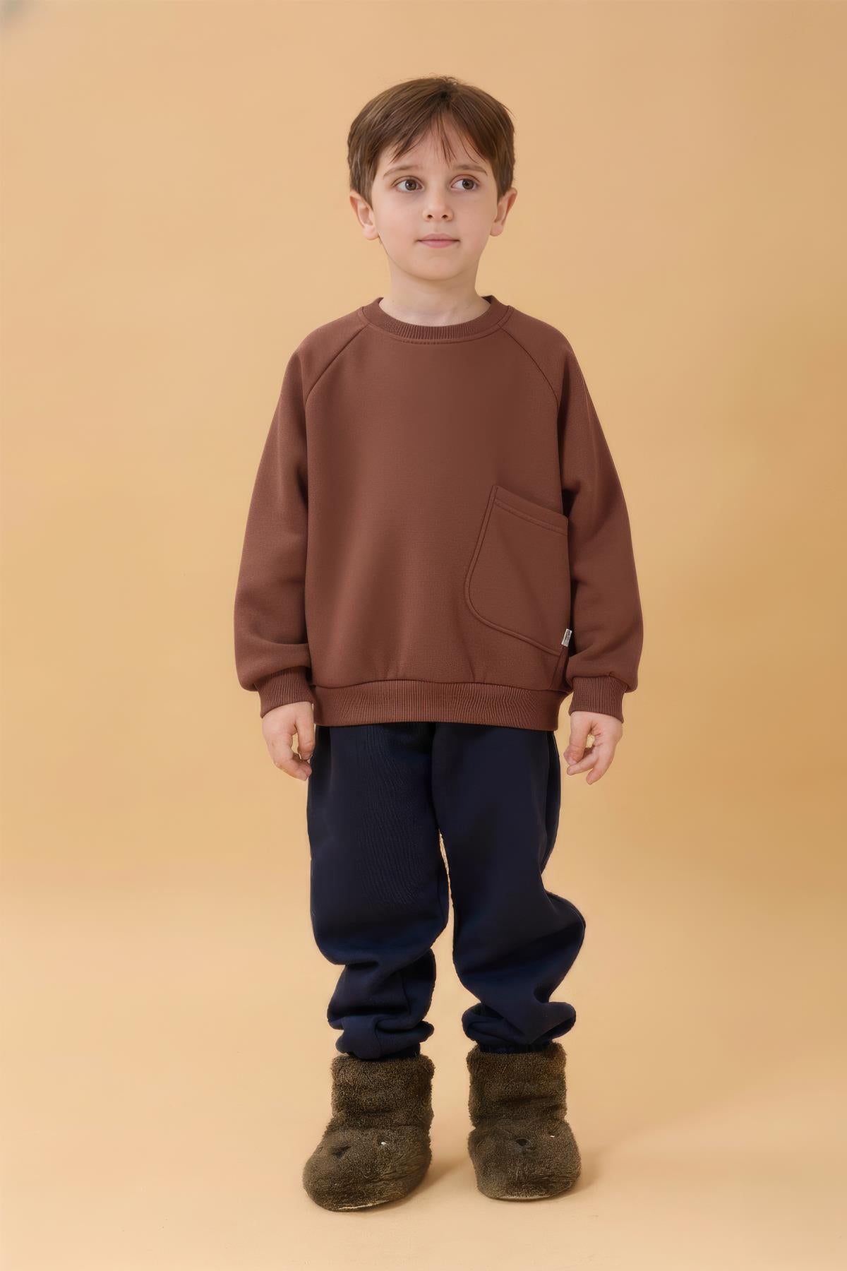 Erkek Çocuk Rahat Kalıp Cep Detaylı 2’li içi polarlı Sweatshirt – Kahverengi & Bebe Mavisi