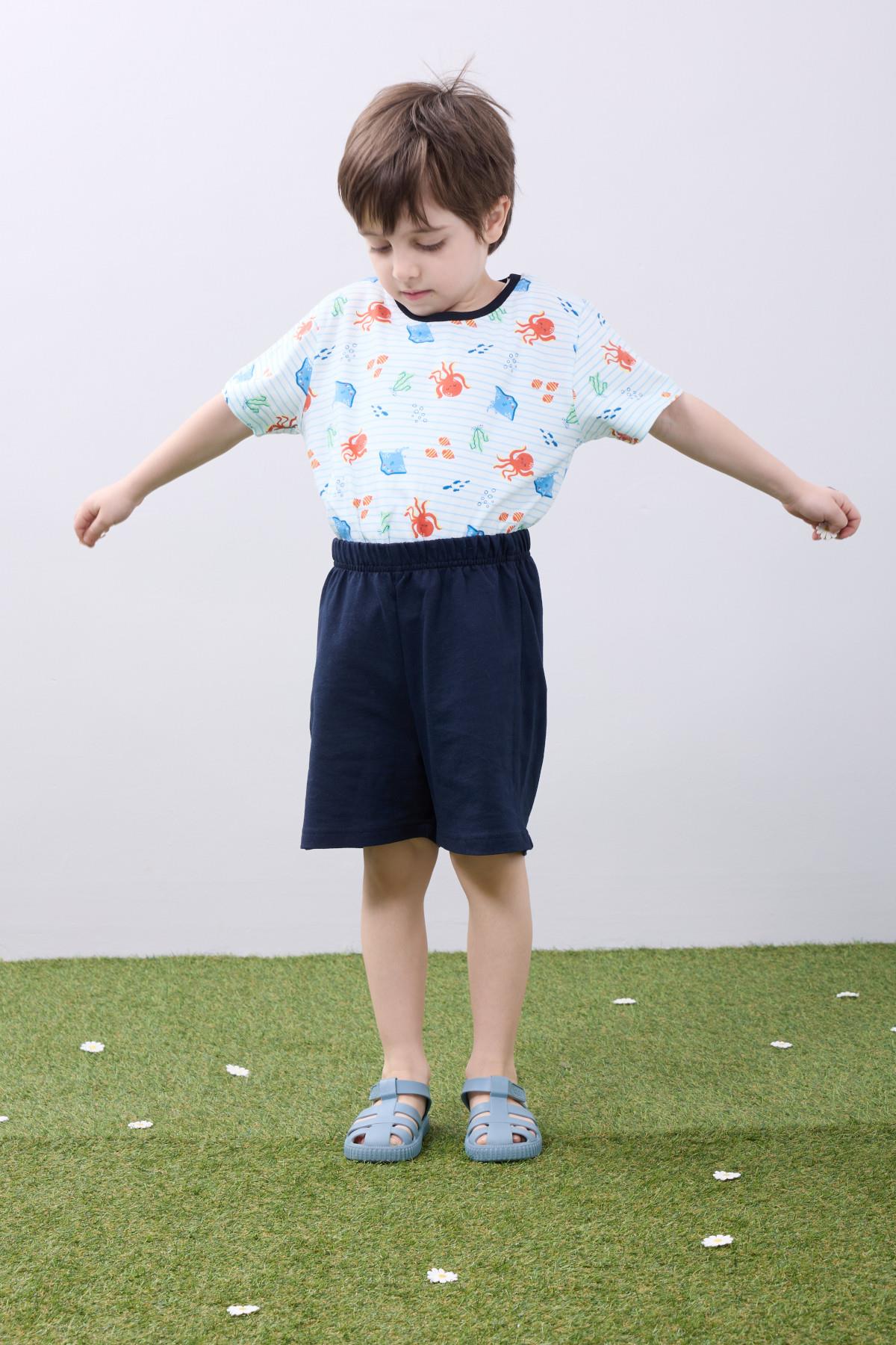 Erkek Çocuk Şortlu Takım - Ahtapot Desenli Kısa Kollu Tişört & Lacivert Şort - Yazlık Takım - Perendi