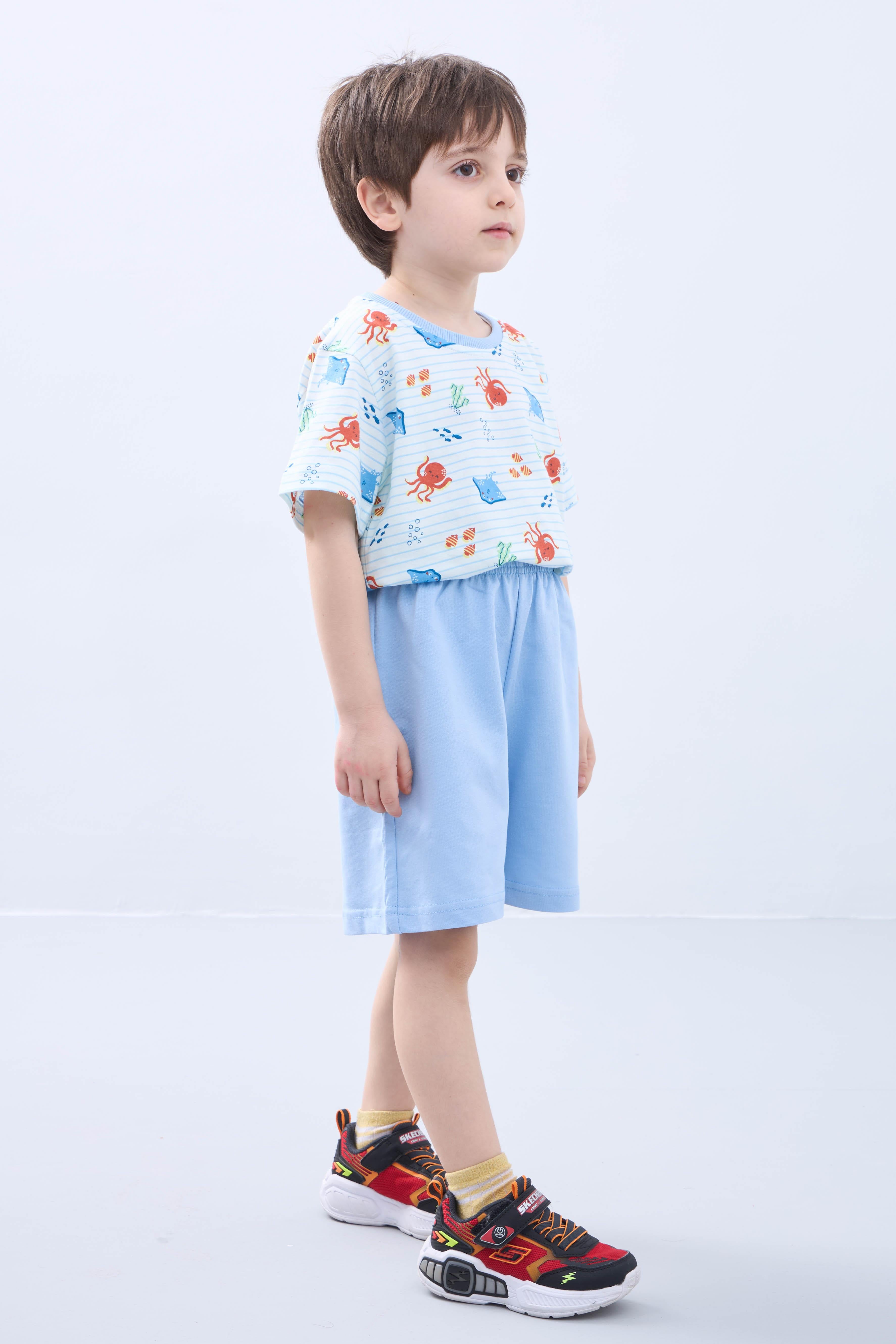 Erkek Çocuk Şortlu Takım - Ahtapot Desenli Kısa Kollu Tişört & Mavi Şort - Yazlık Takım - Perendi