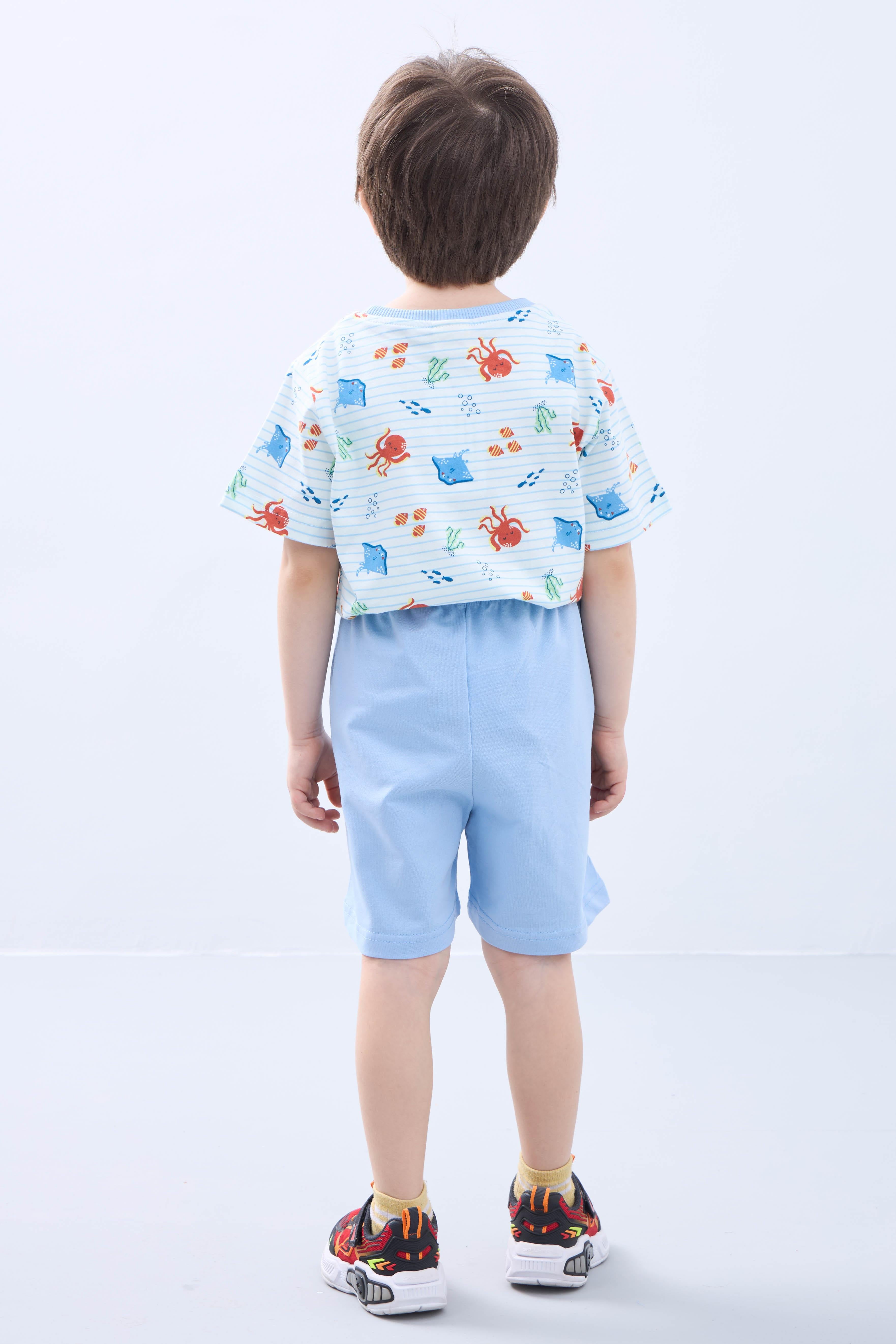 Erkek Çocuk Şortlu Takım - Ahtapot Desenli Kısa Kollu Tişört & Mavi Şort - Yazlık Takım - Perendi