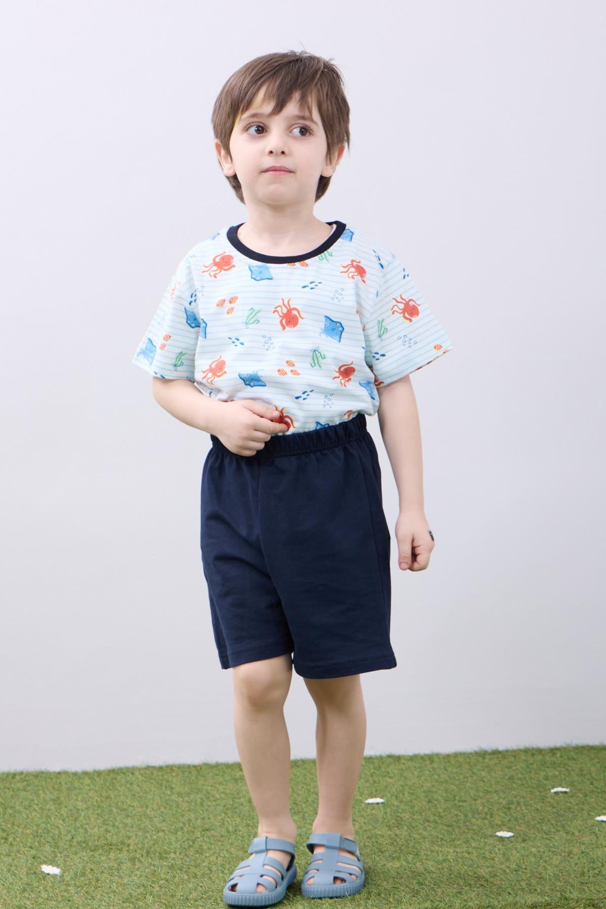 Erkek Çocuk Şortlu Takım Ahtapot Desenli Kısa Kollu Tişört & Şort Yazlık Takım