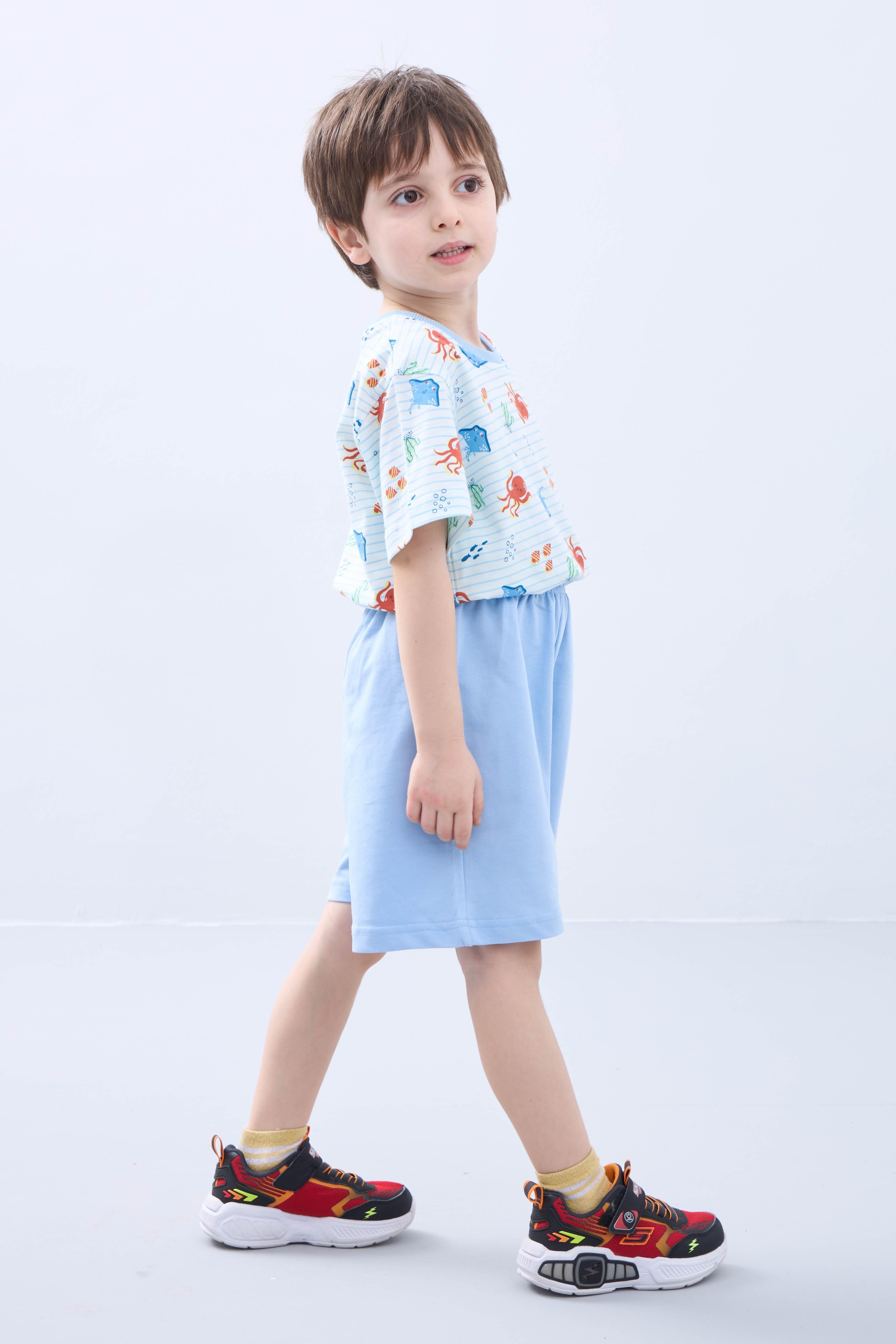 Erkek Çocuk Şortlu Takım Ahtapot Desenli Kısa Kollu Tişört & Şort Yazlık Takım